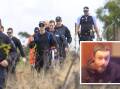 Police, with help from the ACT SES, search Point Hunt Crossing for clues after human remains, believed to be Tim Lyons, inset, were found. Pictures by Keegan Carroll, supplied
