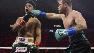 Canelo Alvarez (r) overcame feisty challenger Jaime Munguia in Las Vegas. (AP PHOTO)