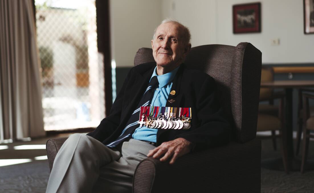 WWII veteran Frank Bolton at the RSL LifeCare in Page says "I was lucky that I was brought up through the depression in the 1930s" as the experience has helped him developed resilience during the coronavirus pandemic. Picture: Dion Georgopoulos