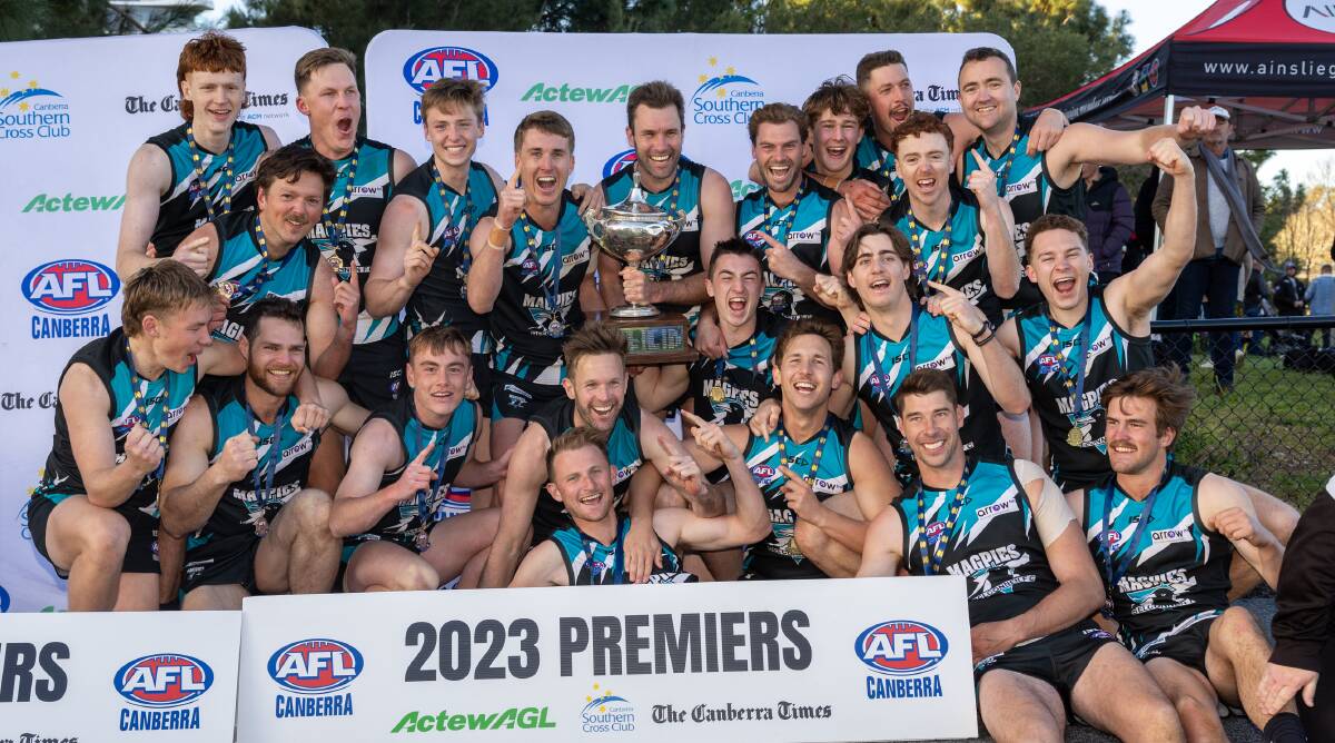 The Belconnen Magpies celebrate their first grade grand final win last year. Picture by Gary Ramage