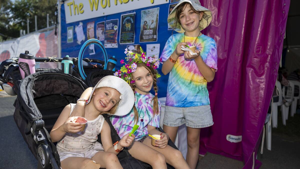 Sisters Roisin, 10, Brigid, 7, and Molly Meabh Cuthbert, 3, with their tie-dye shirts at the Folk Festival.