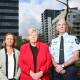 ACT domestic violence and sexual violence coordinator-general Kirsty Windeyer, former Victorian police chief commissioner and the review's leader Christine Nixon and ACT chief police officer Scott Lee. Picture by Sitthixay Ditthavong