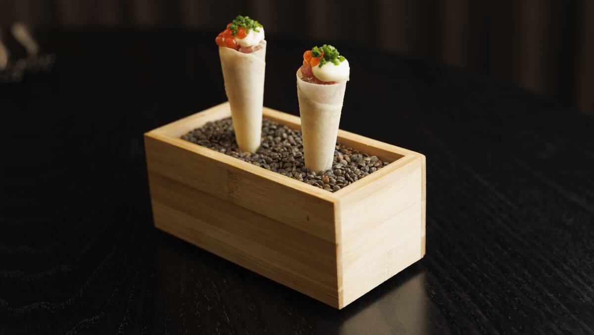 Tuna cones, wasabi, salmon roe, capers, chives. Picture by Keegan Carroll