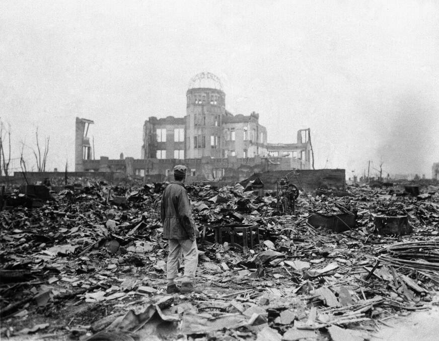 The shell of a building that once was a movie theater in Hiroshima, Japan, a month after the first nuclear weapon ever used in warfare was dropped by the US on August 6, 1945. Picture: AP