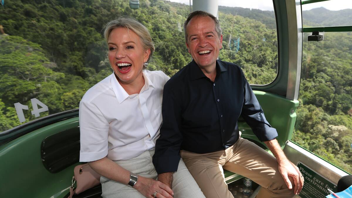 Opposition Leader Bill Shorten and his wife Chloe on the Skyrail during a visit to Cairns on Monday. Photo: AAP