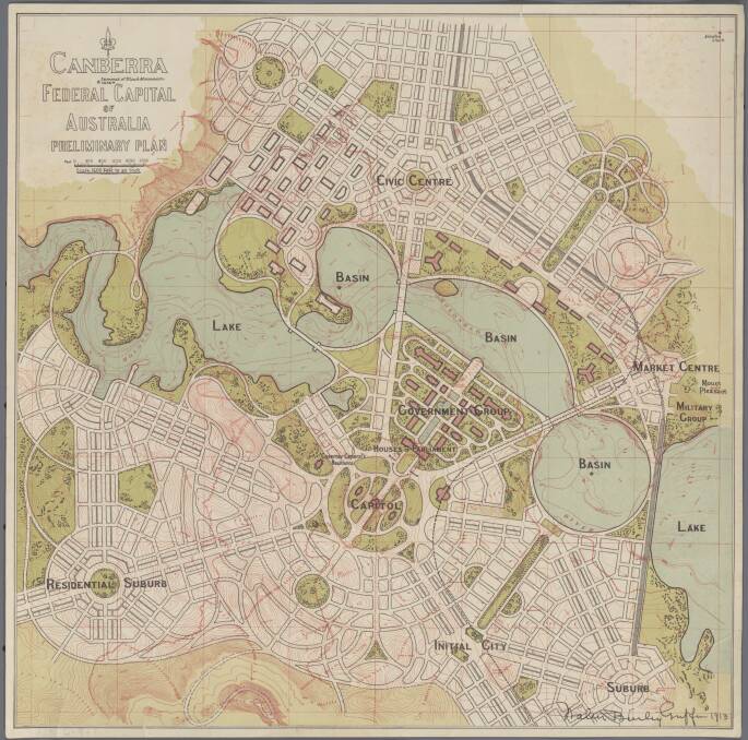 Walter Burley Griffin's design for Canberra, as shown in his 1913 preliminary plan. Picture: National Library of Australia