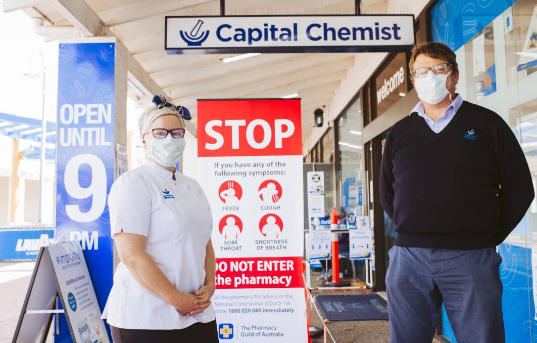 Capital Chemist Charnwood owner Samantha Kourtis, and business manager Andrew Topp. Picture: Jamila Toderas