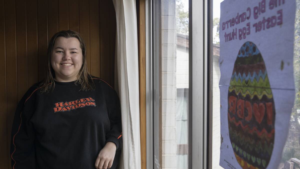 Gabrielle Magyary put up an Easter egg in the window of her Ainslie sharehouse as part of the Big Canberra Easter Egg Hunt. Picture: Sitthixay Ditthavong 