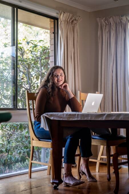 Connections Program volunteer Jessica Donaldson works with socially isolated people. Coffee catch-ups have turned into video calls due to restrictions. Picture: Karleen Minney