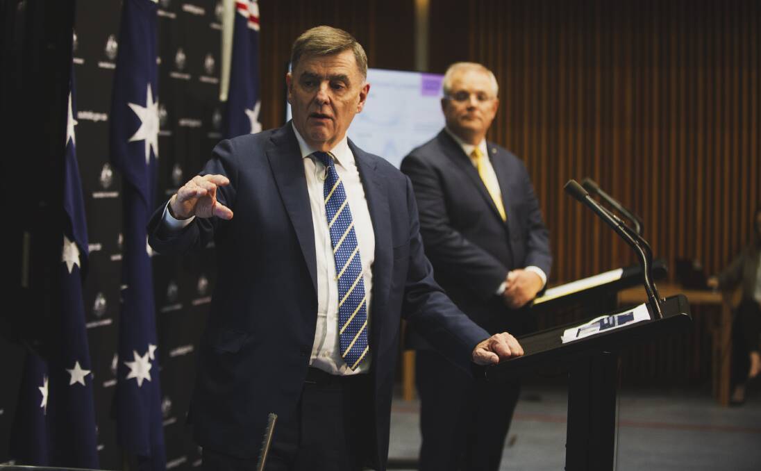 Then chief medical officer Brendan Murphy and Prime Minister Scott Morrison provide an update on the impact of COVID-19 in April. Picture: Dion Georgopoulos