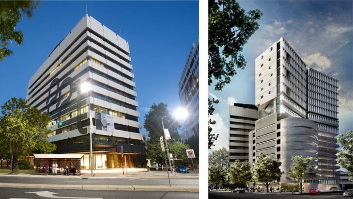 221 London Circuit, Civic, as it is today, left, and an artist's impression of the new  building, right, that will go up behind it. Photo: Supplied