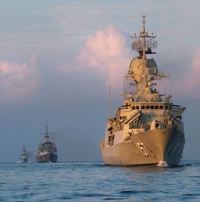 Australia's HMAS Perth, Singapore's RSS Stalwart and Malaysia's KD Kasturi on exercise in 2015. Photo: Julianne Cropley