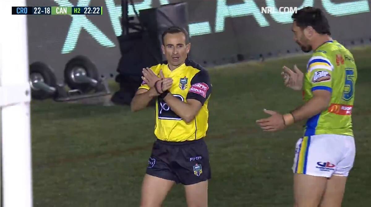 Canberra were left in disbelief during their clash with Cronulla. Photo: Screen grab of NRL.com