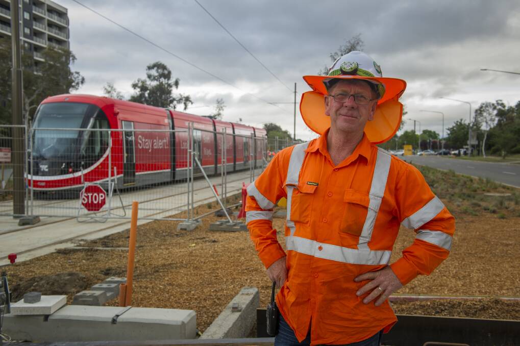 Canberra Metro protection officer, Graham Doneley preparing for the upcoming light rail testing. Photo: Elesa Kurtz