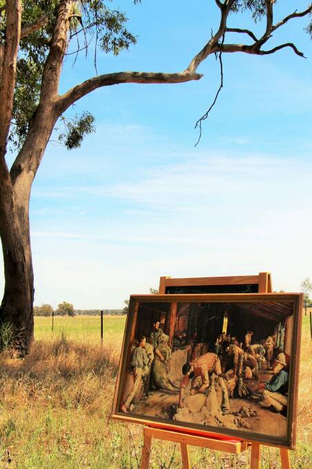  A print of Tom Robert's famous painting on an easel at the location where the woolshed featured in the painting stood prior to being destroyed by fire. Photo: Dave Moore