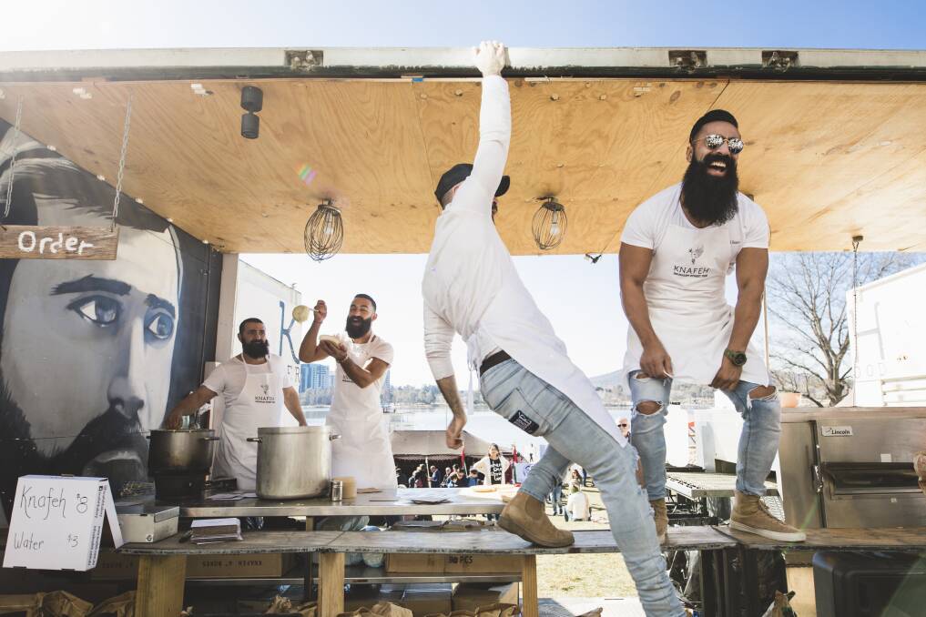 The travelling Knafeh Bakery, aka the bearded bakers at The National Museum of Australia.Front, bearded bakers Mazen Hanna and Noor Yousef. Photo: Jamila Toderas