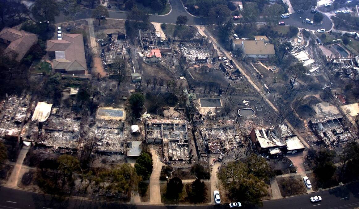 Aerial photo shows the devastation from the fires in The Canberra suburb of Duffy on Eucembene Road on January 19, 2003. Photo: Pat Scala