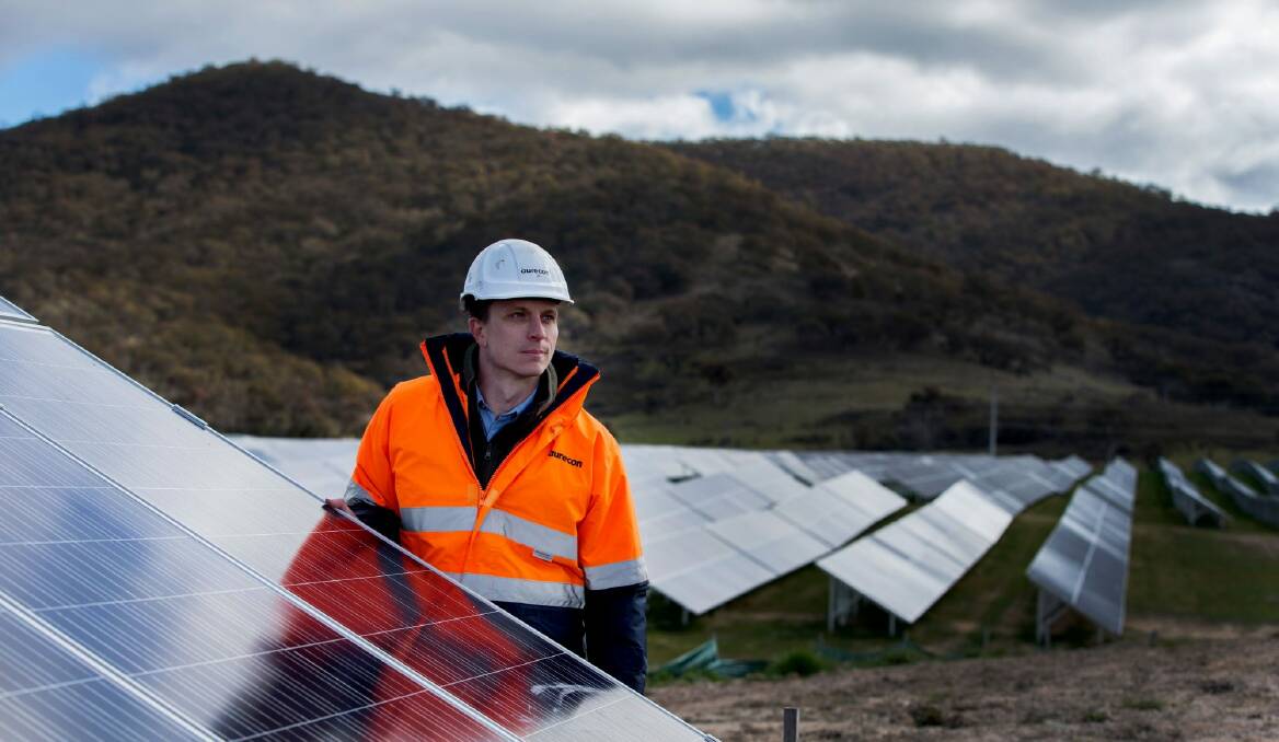 FRV site manager Nick Wain inspects the operational solar panels during the Royalla Solar Farm official opening. Photo: Matt Bedford