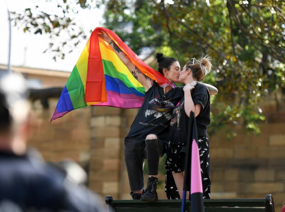 Same sex marriage supporters at the "Straight Lives Matter" rally in Sydney.  Photo: AAP