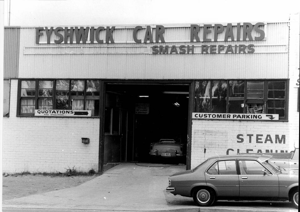 Smash repair and mechanics dominated Fyshwick during the early days, such as this one in Ipswich Street in 1979. Photo: Fairfax Media