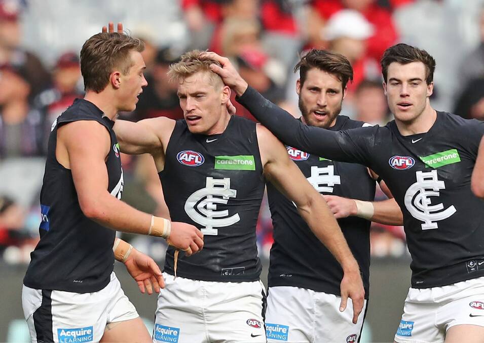 Carlton's Sam Kerridge is congratulated by his teammates after kicking a goal. Photo: Getty Images