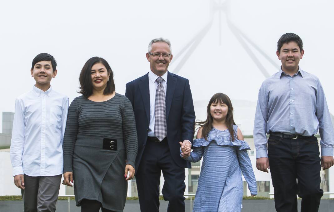 David Smith with his children Eamonn, 12, Stella, 8 and Marcus, 14, and wife Liesl Centenera, in May following confirmation he would be replacing Katy Gallagher in the Senate. Photo: Elesa Kurtz