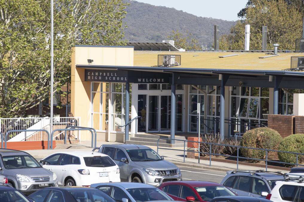 Quiet scenes at Campbell High School the morning after a Year 10 student died from injuries sustained during a class activity at Mount Ainslie. Photo: Sitthixay Ditthavong