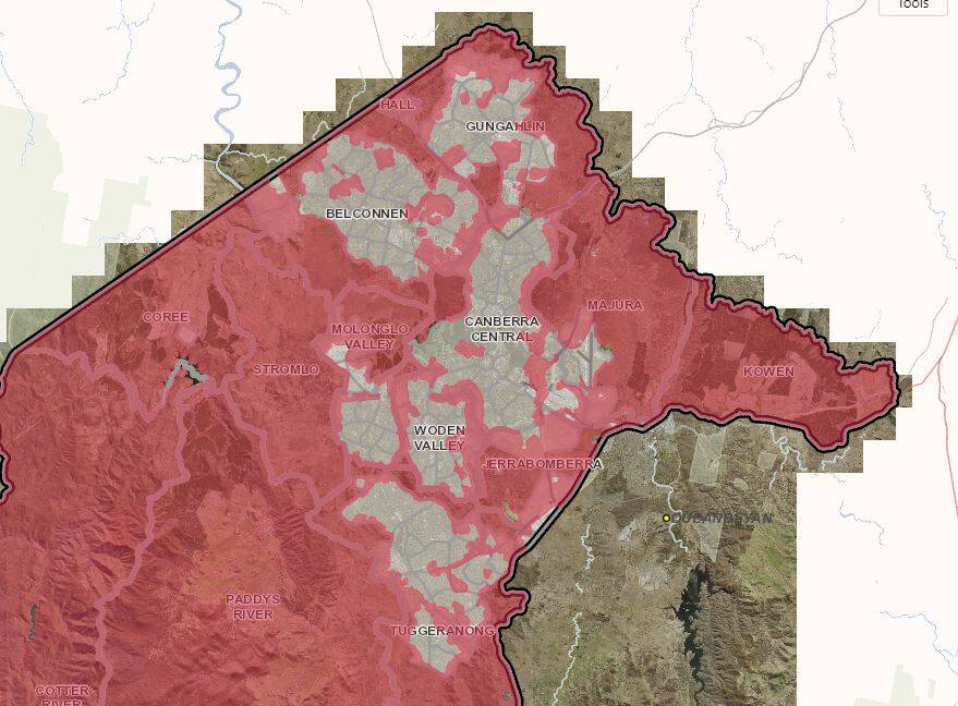 The Bushfire Prone Area Map showed large sections of Canberra were near bushfire prone areas. Photo: Supplied