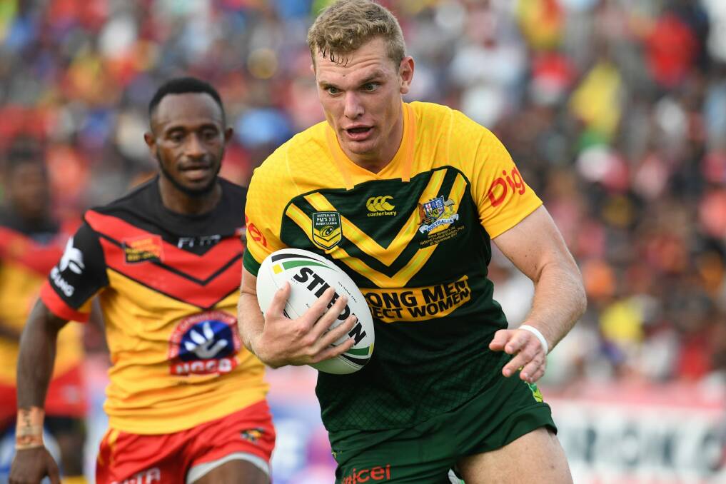 Bolter: Tom Trbojevic stakes his claim for a Kangaroos sport against the Kumuls in Port Moresby. Photo: NRL Photos