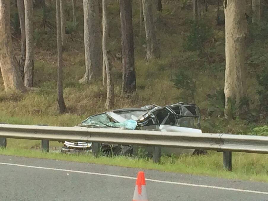 The crash on the Kings Highway, near Braidwood on Saturday afternoon. Photo: Naomi Birkett