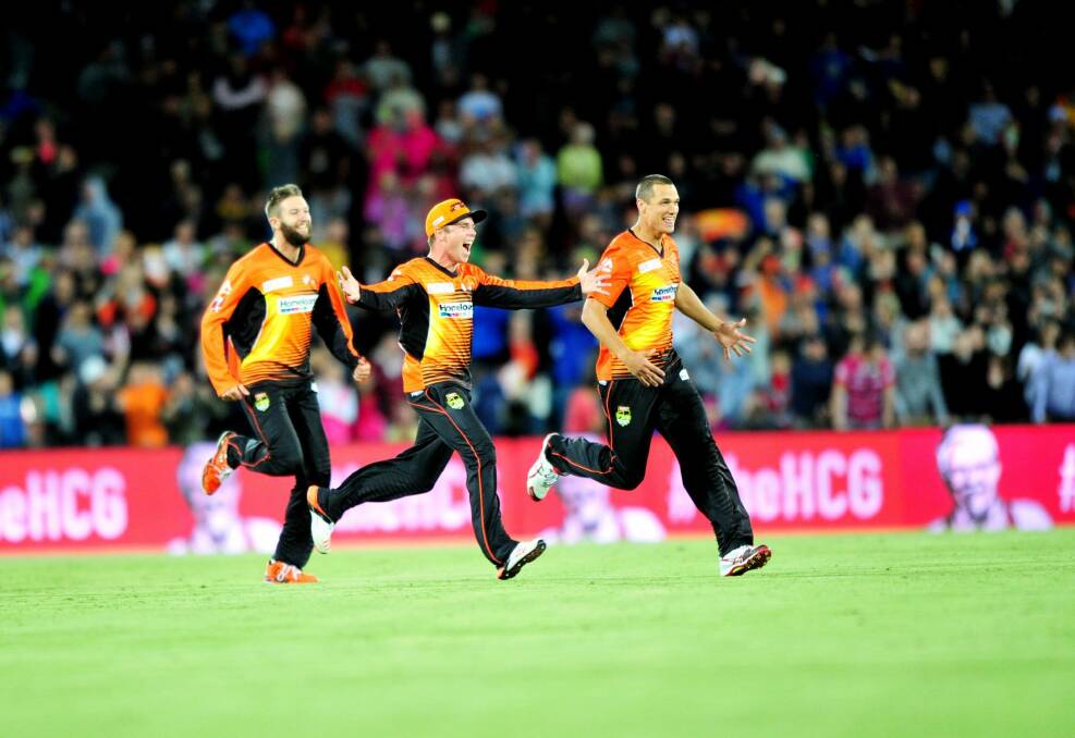 Perth Scorchers players celebrate their thrilling four-wicket victory against the Sydney Sixers at Manuka Oval on Wednesday night. Photo: Melissa Adams