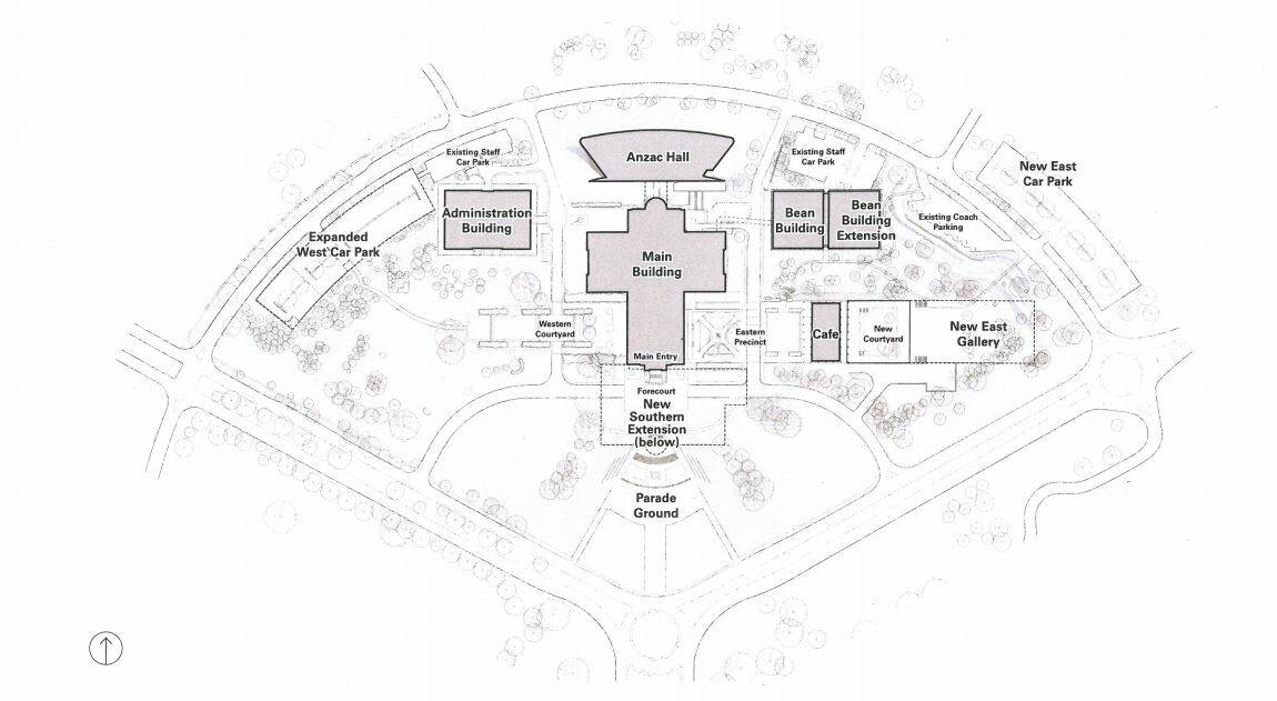 A map of what the War Memorial could like with three potential extensions. Photo: Australian War Memorial