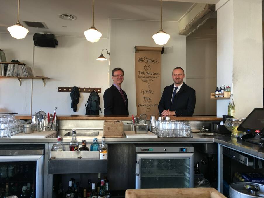 Attorney-General Gordon Ramsay and Chief Minister Andrew Barr at Bar Rochford. Photo: Kirsten Lawson