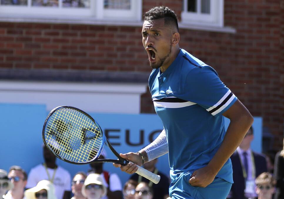 Overpowering: Nick Kyrgios celebrates winning his quarter-final against Feliciano Lopez at the Queen's Club in London. Photo: AP