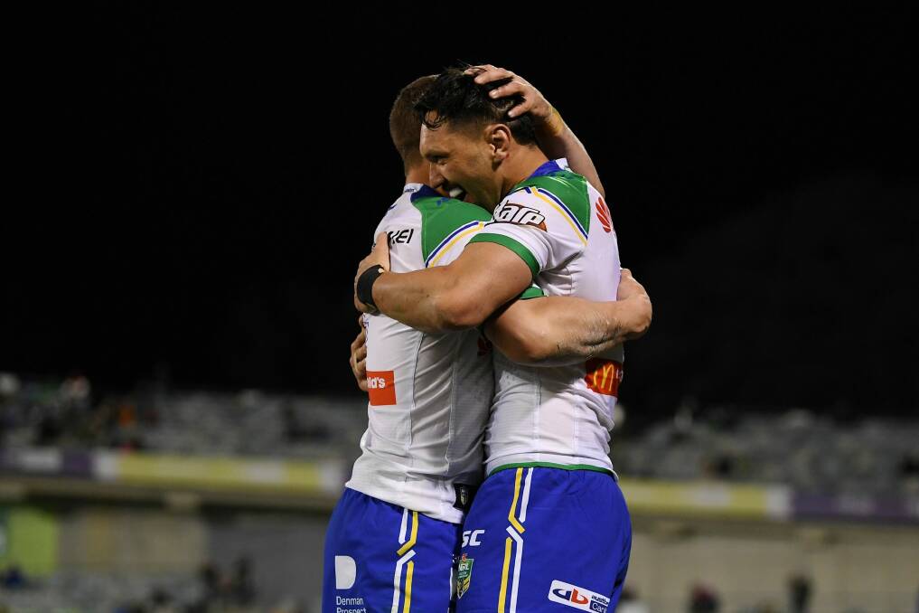 Jordan Rapana of the Raiders (right) celebrates with Jack Wighton after scoring a try. Photo: AAP