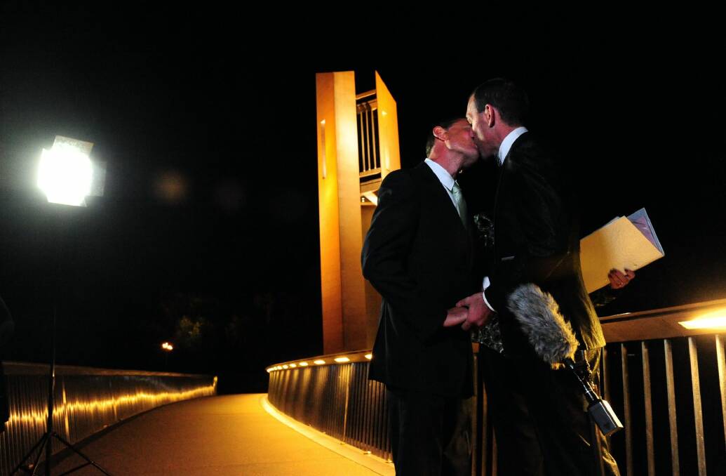 Joel and Alan Player after marrying at the National Carillon last year. Photo: Melissa Adams