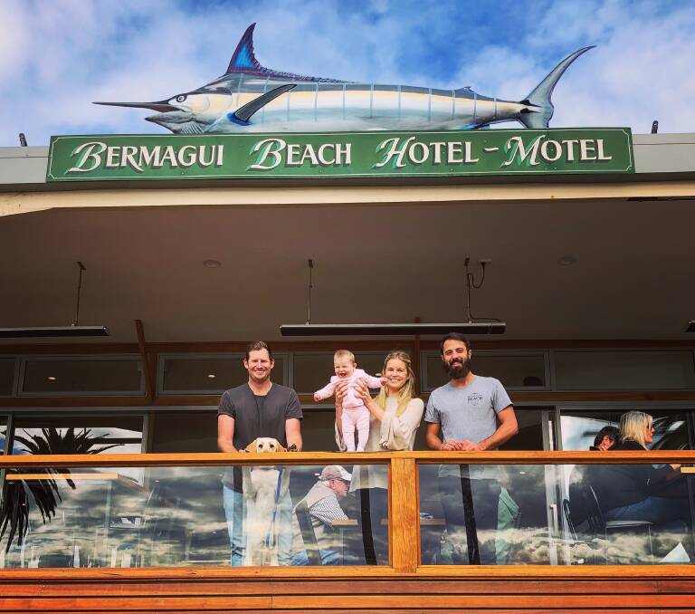 The new generation of publicans at the Bermagui Beach Hotel – Luke and Lou Redmond and their baby Sibella and Yannis Gantner. Photo: Supplied