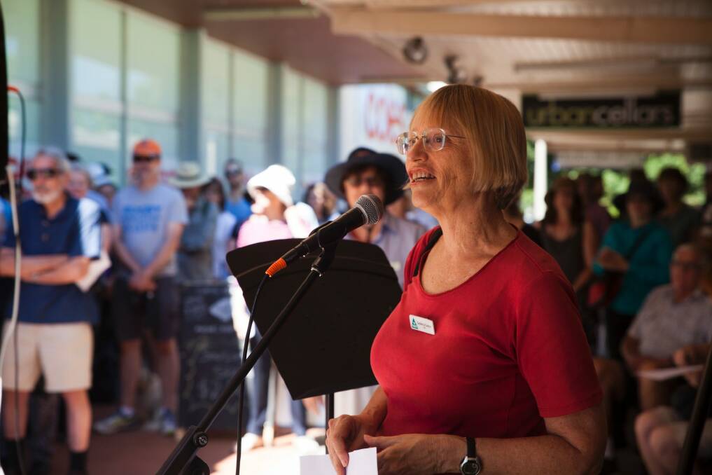 Greens crossbencher Caroline Le Couteur adresses protesters at Curtin Square earlier this year. Photo: James Hall