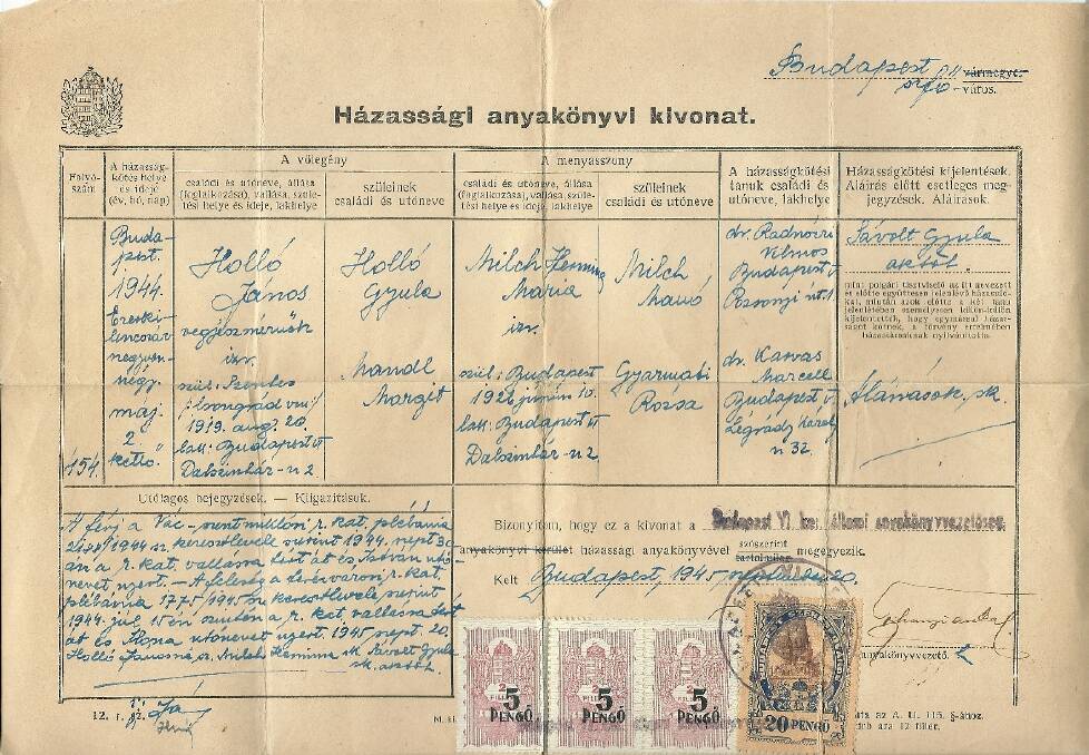 Tim Hollo's paternal grandparents' Hungarian wedding certificate, which was needed to renounce his citizenship. Photo: Supplied