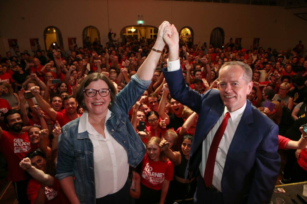 Labor's Ged Kearney celebrates her federal byelection win with Bill Shorten. Photo: AAP