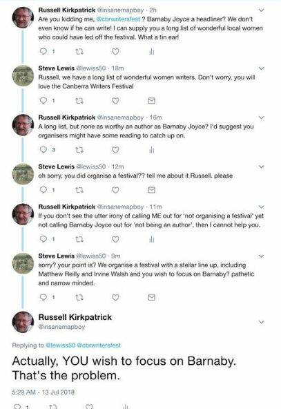 Screengrabs of the Twitter feud over Canberra Writers Festival.  Photo: Twitter