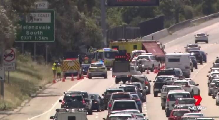 A 25-year-old man was killed on the M1 through Helensvale on Sunday after his broken-down ute was hit. Photo: 7 News Brisbane - Twitter