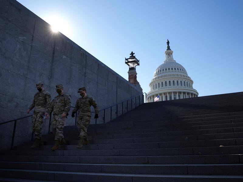 US National Guard soldiers remain on guard on Capitol Hill following the January 6 riot.