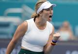 US tennis player Danielle Collins celebrates success over Caroline Garcia at the Miami Open. (AP PHOTO)