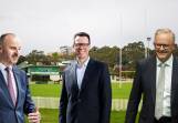 Andrew Barr, left, and Kieren Perkins, middle, will work together on a Bruce master plan commissioned by Prime Minister Anthony Albanese.