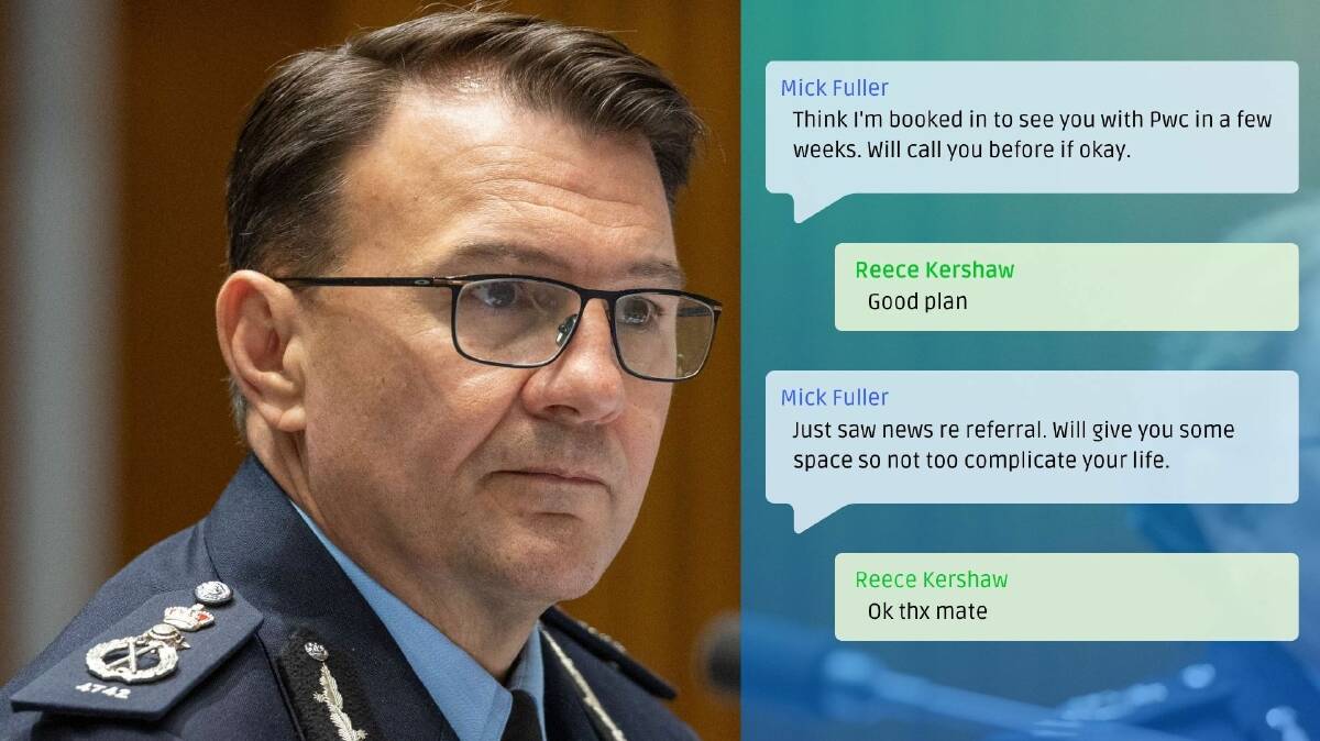 Australian Federal Police commissioner Reece Kershaw, left, with a representation of his text message exchanges with PwC partner Mick Fuller. Picture by Gary Ramage