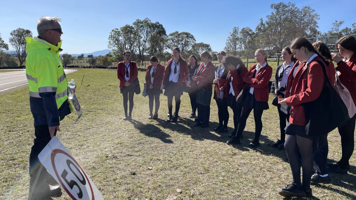 Alan Close from Bega Valley Driving School teaches the braking at various speeds workshop to Lumen Christi students for the RYDA program on May 10, 2023. Picture by Amandine Ahrens 