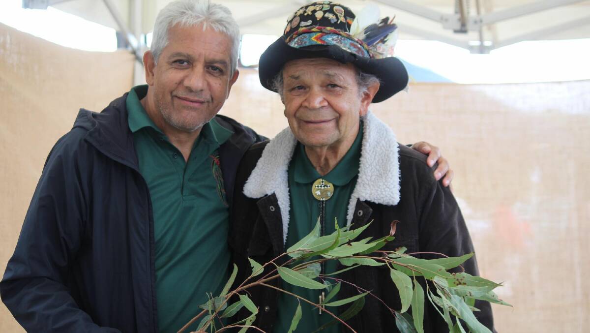Gum Leaf performers Uncle Wayne Thorpe and Uncle Ossie Cruse at the 2022 Giiyong Festival. Picture by Amandine Ahrens 