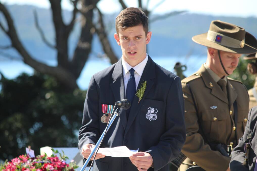Eden Marine High School student, Morgan Thornton makes speech at Eden Anzac Day Ceremony announcing his intentions to enlist in the Australian Royal Navy. Picture by Amandine Ahrens