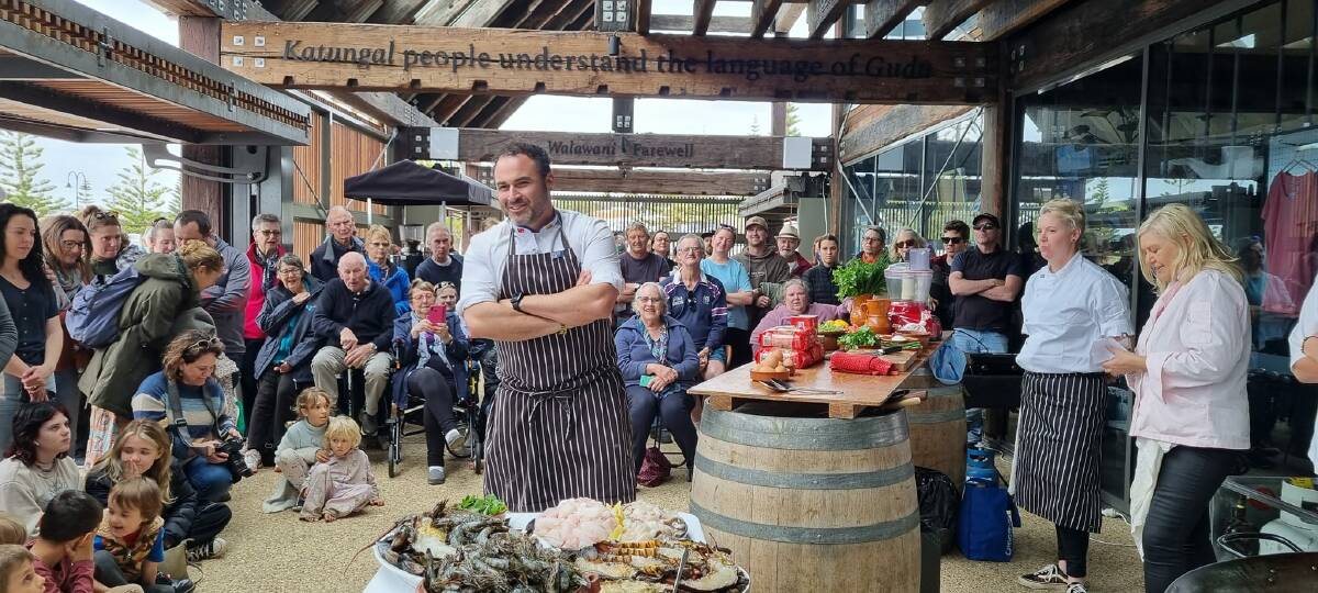 Celebrity chef Miguel Maestre entertained a crowd at the Eden Visitor Information Centre with his delicious Eden-inspired paella presentation on Saturday, October 12. Picture by Jenny Robb 